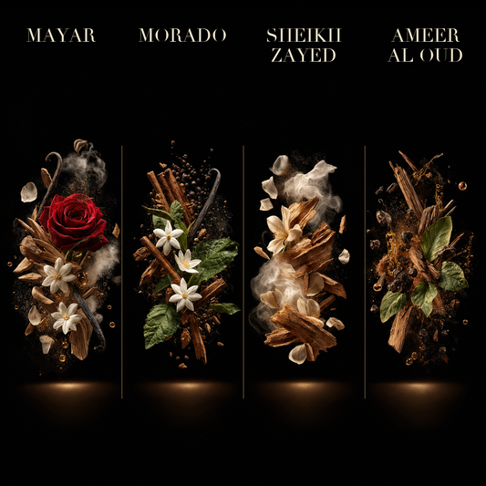 Set 4 Parfumuri Arăbești Bărbați + Damă – Mayar, Morado, Sheikh Zayed & Ameer Al Oud (100ml x 4)