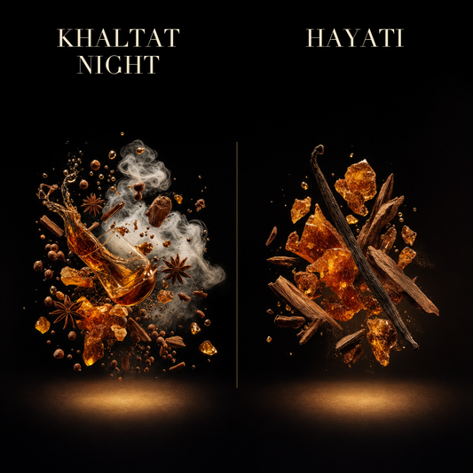 Set 2 Parfumuri Arăbești Bărbați + Damă – Khaltat Night & Hayati (100 ml x 2)