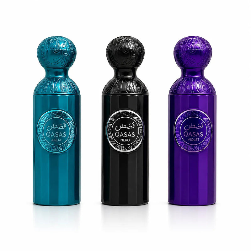Set 3 Parfumuri Orientale UNISEX – Qasas Amora, Qasas Niko & Qasas Violet (100 ml x 3)