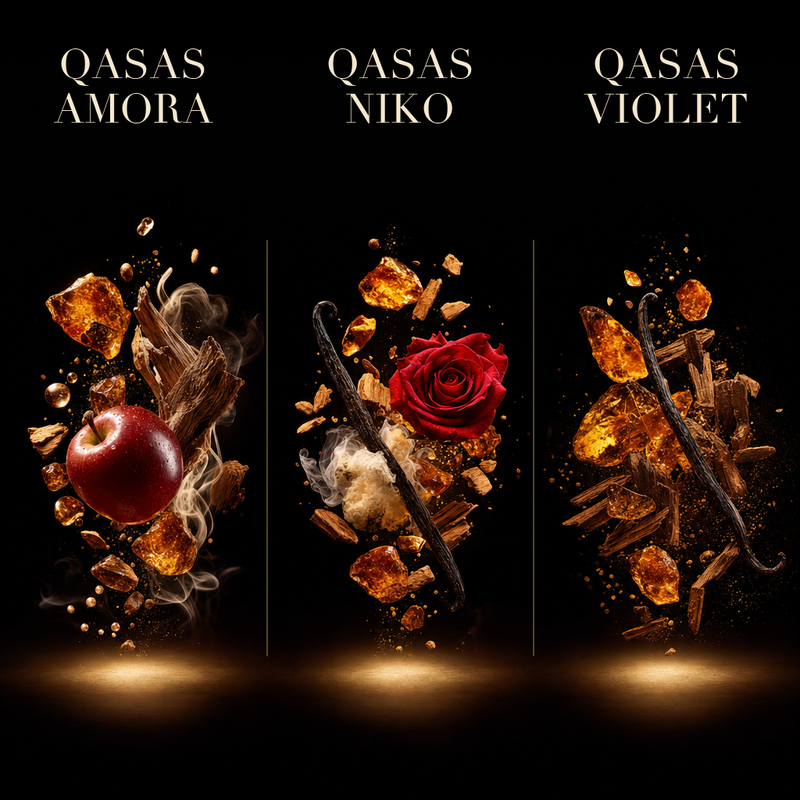 Set 3 Parfumuri Orientale UNISEX – Qasas Amora, Qasas Niko & Qasas Violet (100 ml x 3)