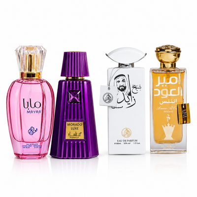 Set 4 Parfumuri Arăbești Bărbați + Damă – Mayar, Morado, Sheikh Zayed & Ameer Al Oud (100ml x 4)