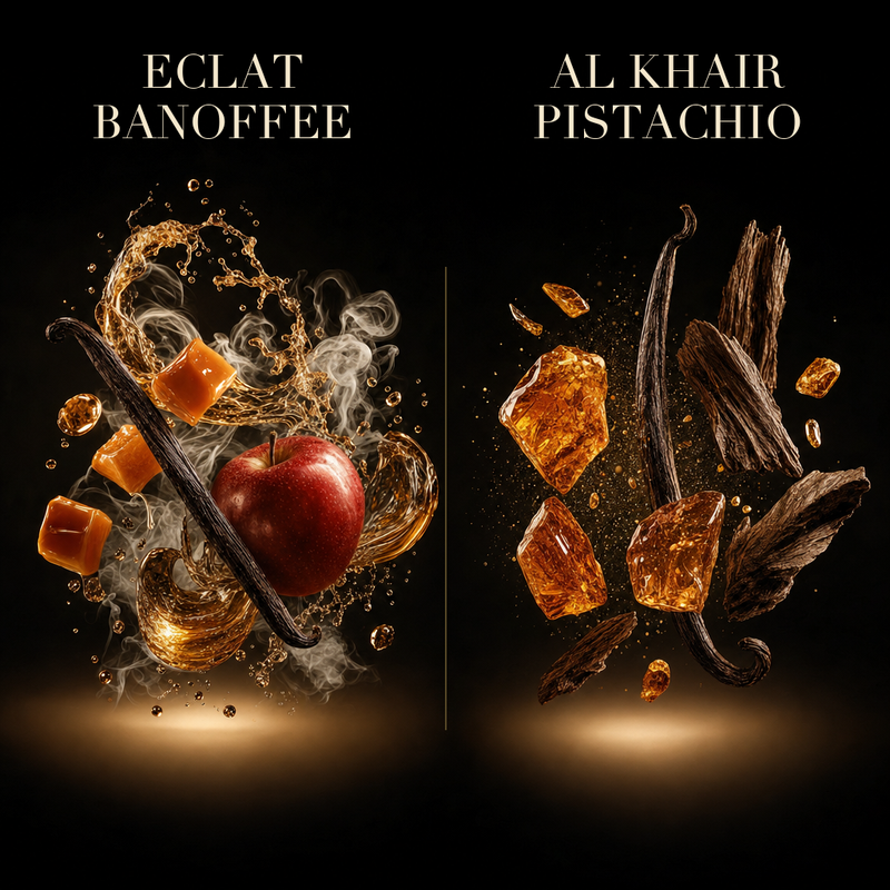 Set 2 Parfumuri Arăbești Damă – Eclat Banoffee & Al Khair Pistachio (100 ml x 2) + 1 Parfum Surpriză 🎁