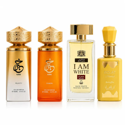 Set 4 Parfumuri Arăbești Damă – Eclat + Karri Fusion + Karri Felicity + I Am White (100 ml x 4)