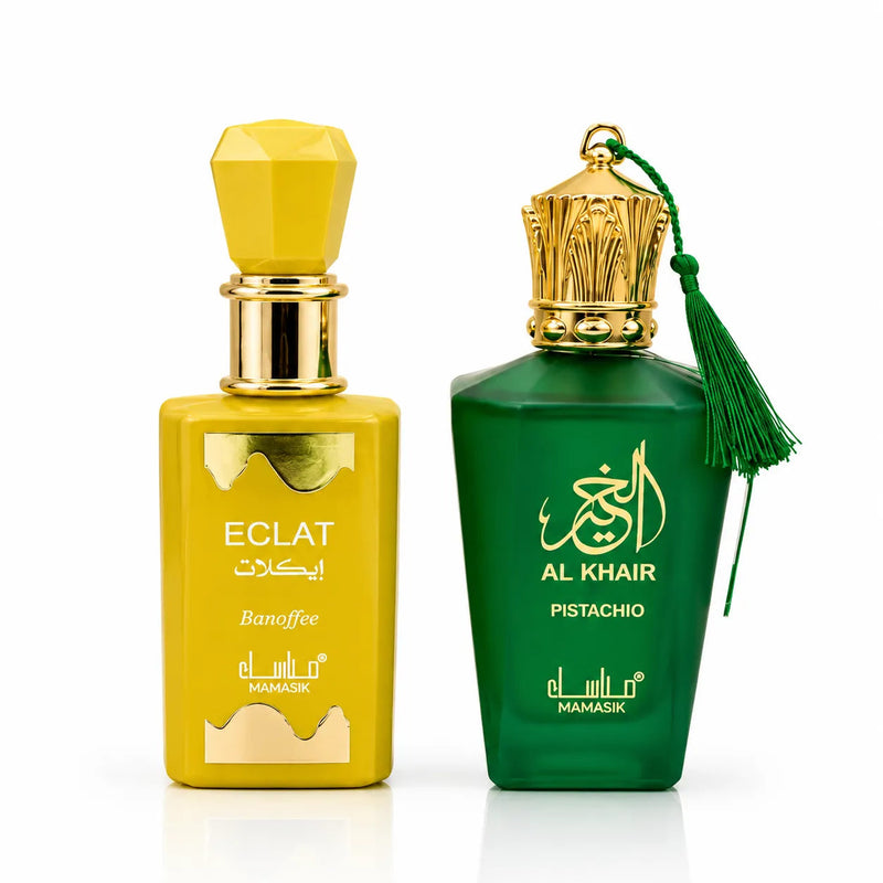 Set 2 Parfumuri Arăbești Damă – Eclat Banoffee & Al Khair Pistachio (100 ml x 2) + 1 Parfum Surpriză 🎁