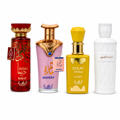 Set 4 Parfumuri Arăbești Damă – Dima Ribat, Mahera, Eclat Banoffee & Frost (100 ml x 4)