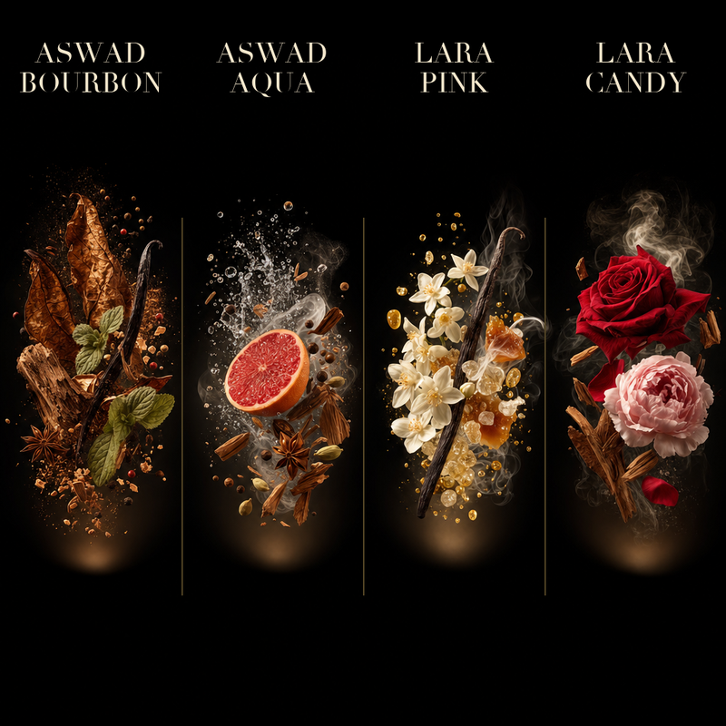 Set 4 Parfumuri Arăbești Bărbați + Damă – Aswad Bourbon, Aswad Aqua , Lara Pink & Lara Candy (100ml x 4)