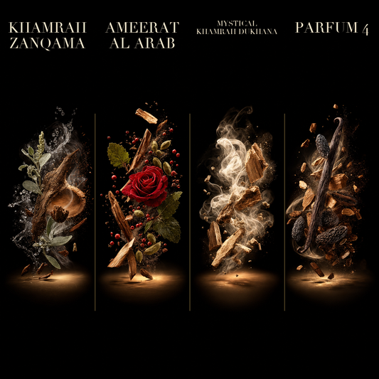 Set 4 Parfumuri Bărbați – Khamrah Zanqama, Ameerat Al Arab, Mystical Khamrah Dukhana (100 ml x 4)