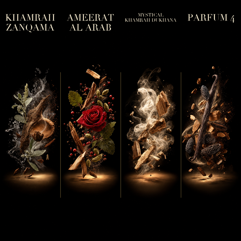 Set 4 Parfumuri Bărbați – Khamrah Zanqama, Ameerat Al Arab, Mystical Khamrah Dukhana (100 ml x 4)