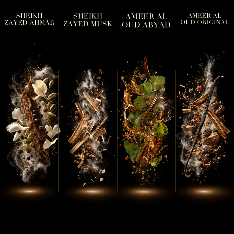 Set 4 Parfumuri Arăbești Bărbați – Sheikh Zayed Ahmar, Sheikh Zayed Musk, Ameer Al Oud Abyad & Ameer Al Oud Original (100 ml x 4)