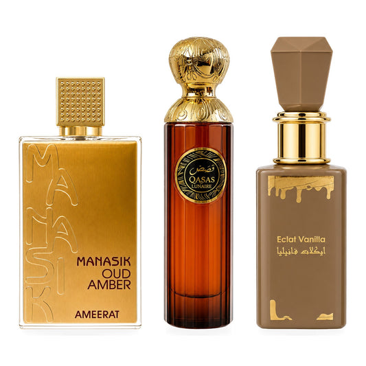 Set 3 Parfumuri Arăbești Damă – Manasik Oud Amber Ameerat, Qasas Lunaire & Eclat Vanilla (100 ml x 3)