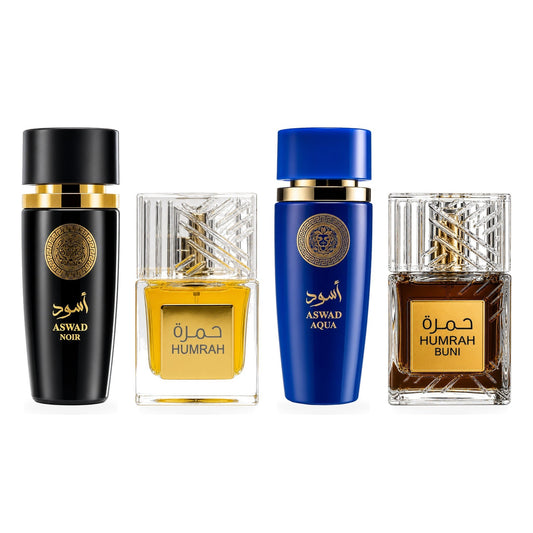 Set 4 Parfumuri Arăbești Bărbați – Aswad Noir, Humrah, Aswad Aqua & Humrah Buni (100 ml x 4)