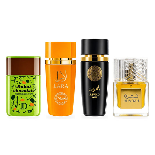 Set 4 Parfumuri Arăbești Bărbați + Damă – Dubai Chocolate, Lara Tous, Aswad Noir & Humrah (100 ml x 4)