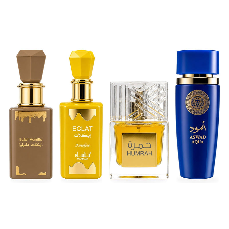 Set 4 Parfumuri Arăbești Bărbați + Damă – Eclat Vanilla, Eclat Banoffee, Humrah & Aswad Aqua (100 ml x 4)