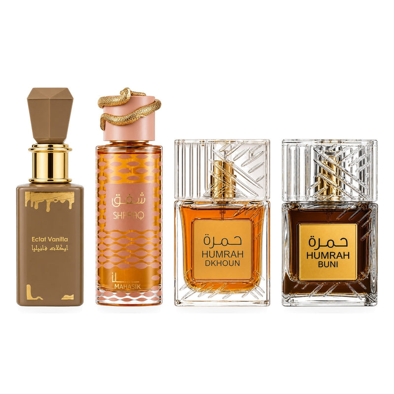 Set 4 Parfumuri Arăbești Bărbați + Damă – Eclat Vanilla, Shafaq, Humrah Dkhoun & Humrah Buni (100 ml x 4)