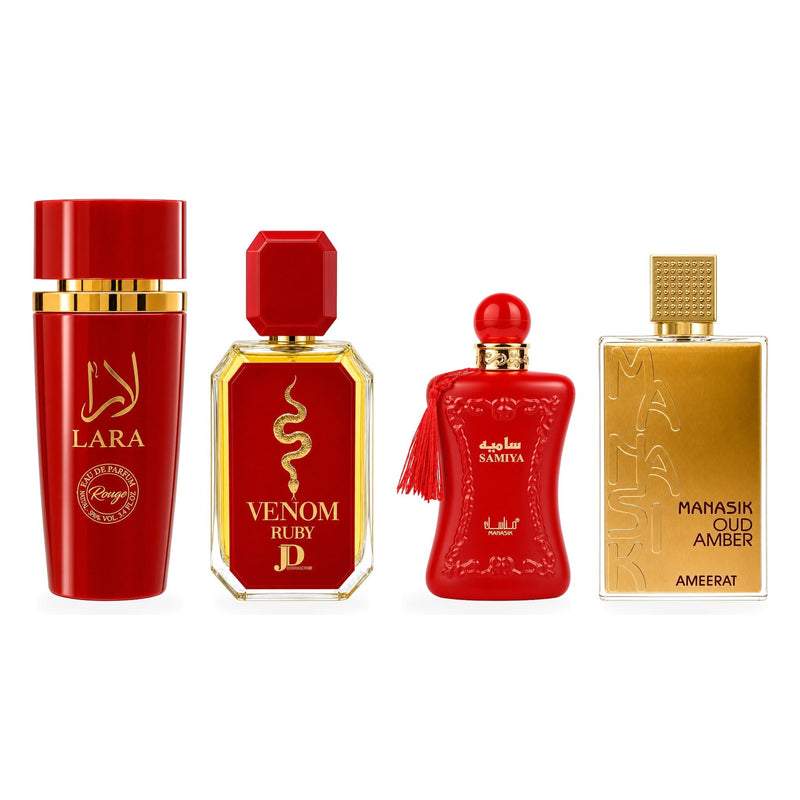 Set 4 Parfumuri Arăbești Damă – Lara Rouge, Venom, Samyia & Manasik Oud Amber Ameerat (100 ml x 4)