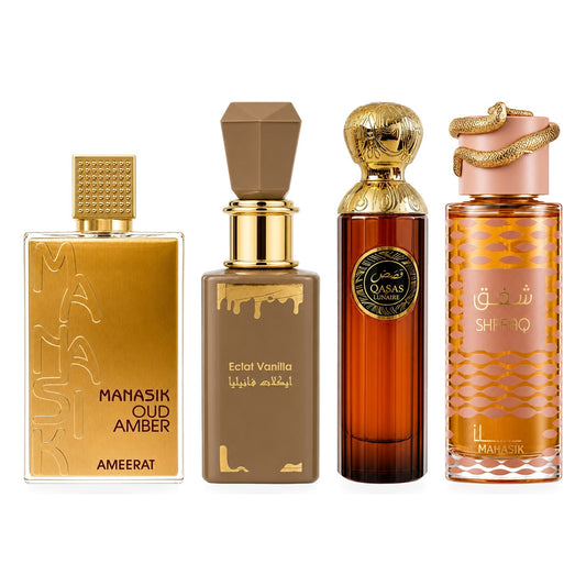 Set 4 Parfumuri Arăbești Damă – Manasik Oud Amber Ameerat, Eclat Vanilla, Qasas Lunaire & Shafaq (100 ml x 4)