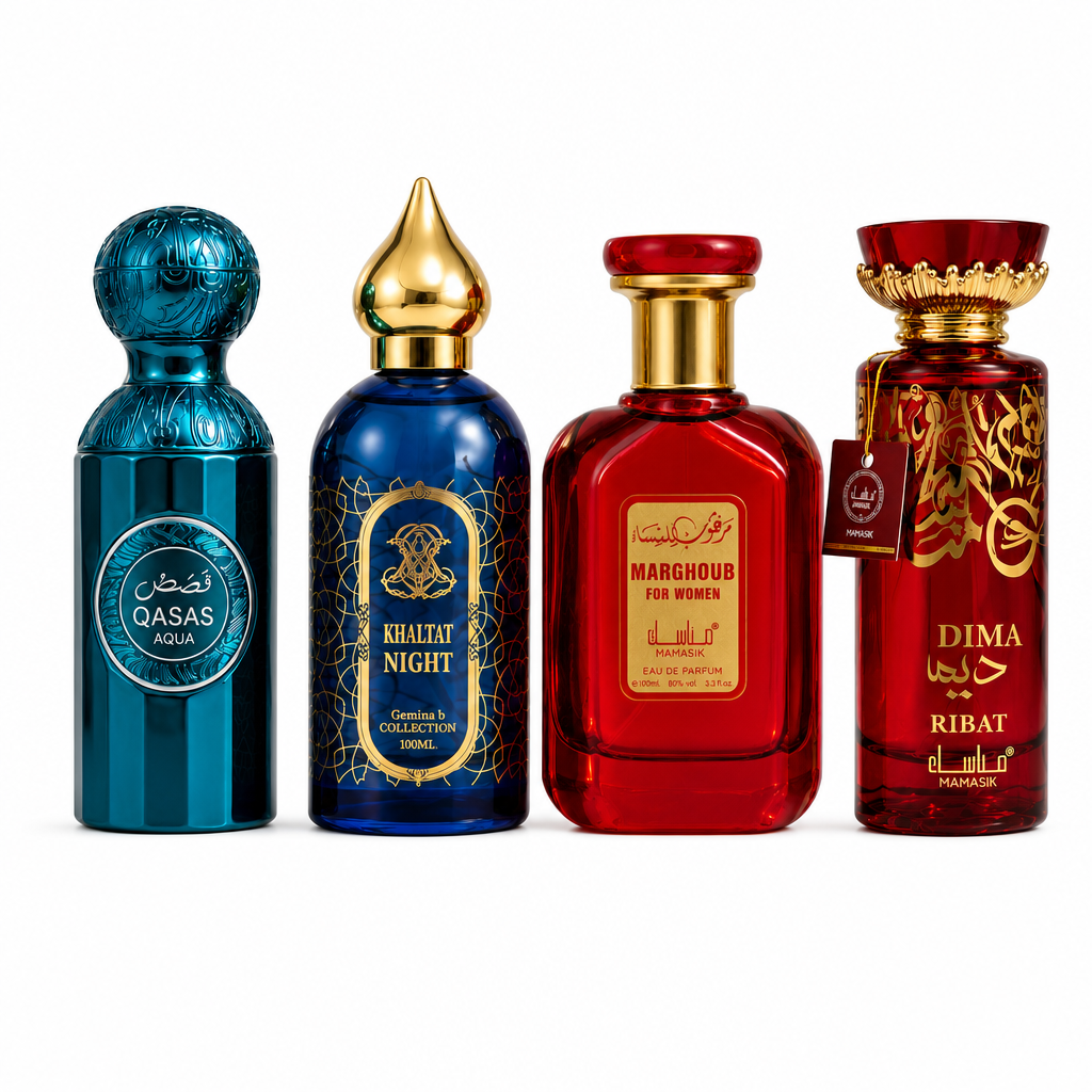 Set 4 Parfumuri Arăbești Bărbați + Damă – Qasas Aqua, Khaltat Night, Marghoub & Dima (100 ml x 4)