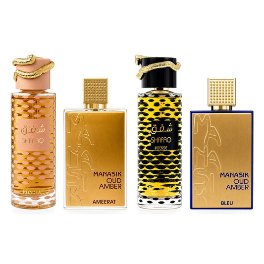 Set 4 Parfumuri Arăbești Bărbați + Damă – Shafaq, Manasik Oud Amber Ameerat, Shafaq Intense & Manasik Oud Amber Bleu (100 ml x 4)